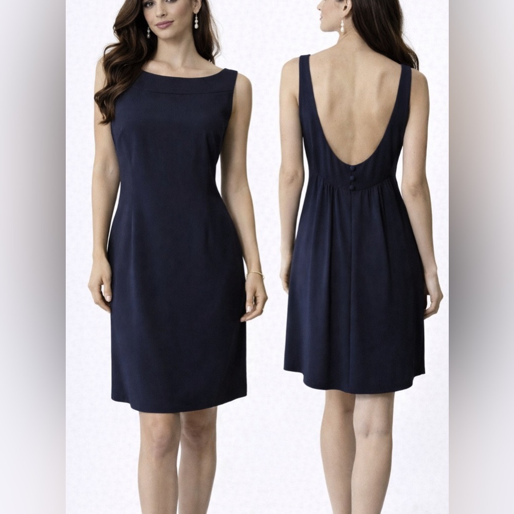 Escada Couture Dress Navy Blue 42 10 12 Low Plunge Open Back Silk Sheath